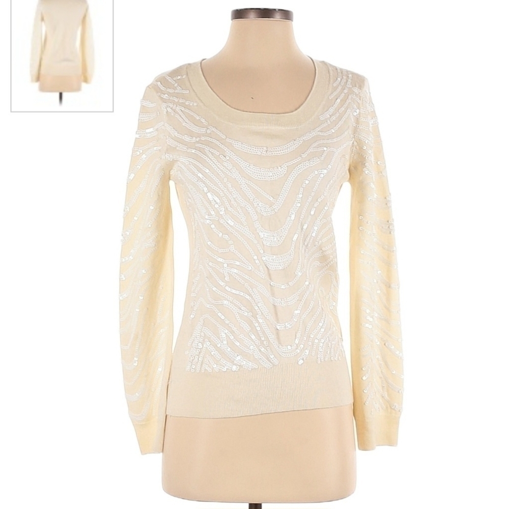 Calvin Klein Cream Knit Sweater White Sequins Women's Size Small S Wool Blend